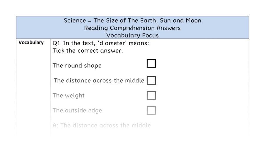 The Size of The Earth, Sun and Moon - Reading Comprehension Answers - Vocabulary Focus