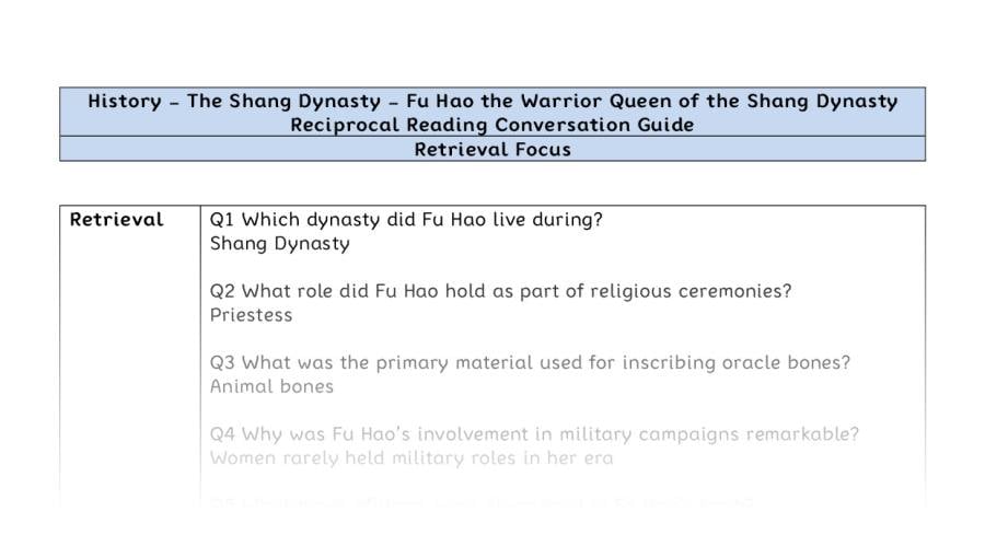 Reciprocal Reading Conversation - Fu Hao the Warrior Queen of the Shang Dynasty - Retrieval Focus