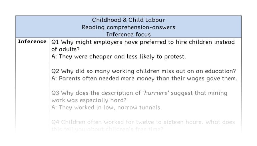 Reading comprehension - inference - Childhood & Child Labour - answers