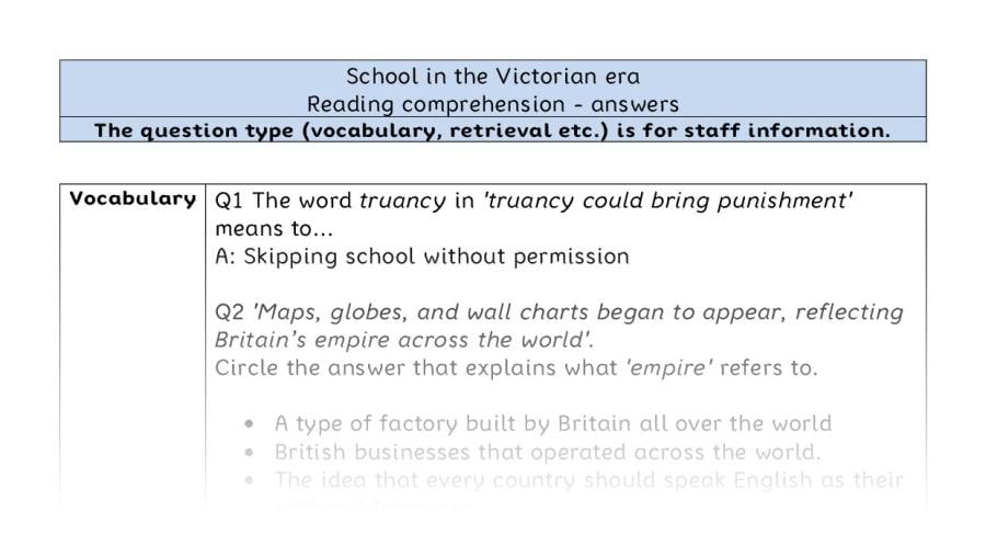 Reading comprehension - VRSIPE - School in the Victorian era - answers