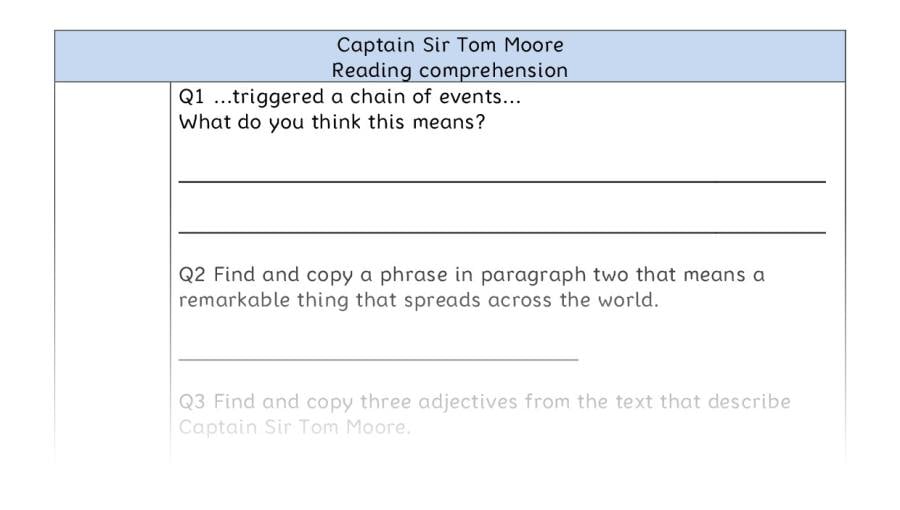 Reading comprehension - Captain Sir Tom Moore - VRSIPE