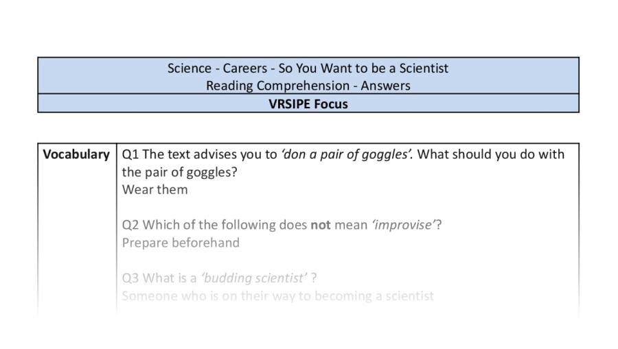 Reading Comprehension - So You Want to be a Scientist - UKS2 - VRSIPE Focus 1
