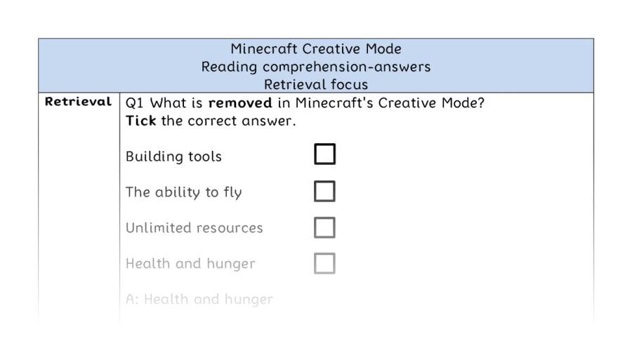 Reading comprehension - retrieval - Minecraft Creative Mode - answers