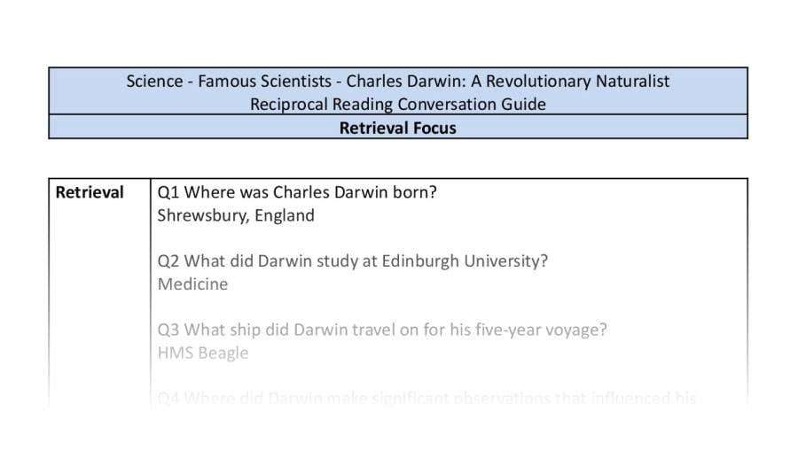Reciprocal Reading Conversation - Charles Darwin A Revolutionary Naturalist - Retrieval Focus