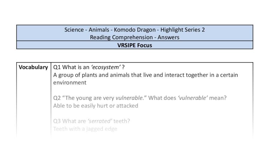 Reading Comprehension - Komodo Dragon - VRSIPE Focus-answers