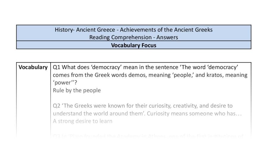 Reading Comprehension - Achievements of the Ancient Greeks - Vocabulary Focus