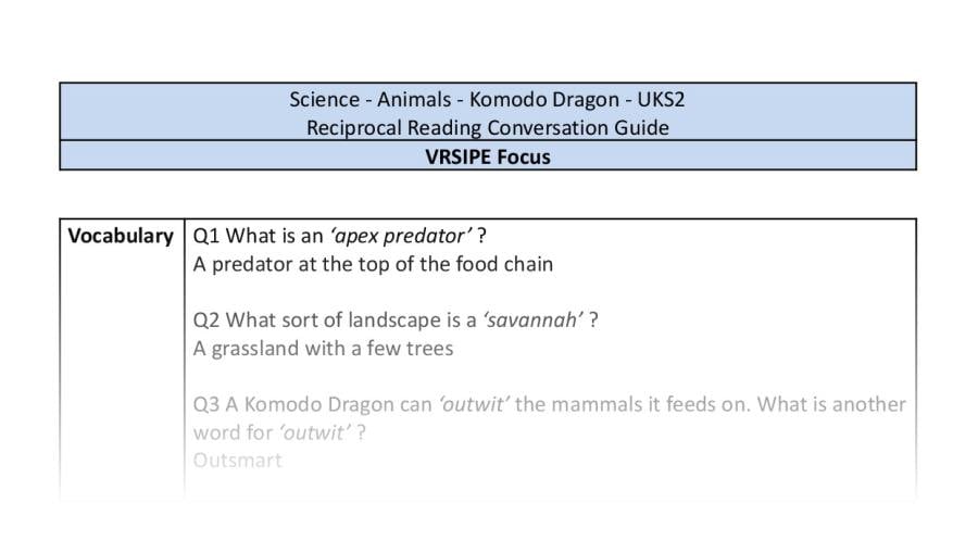 Reciprocal Reading Conversation - Komodo Dragon - UKS2 - VRSIPE Focus