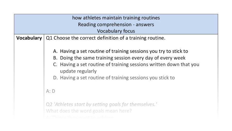 Reading comprehension - vocabulary - how athletes maintain training routines