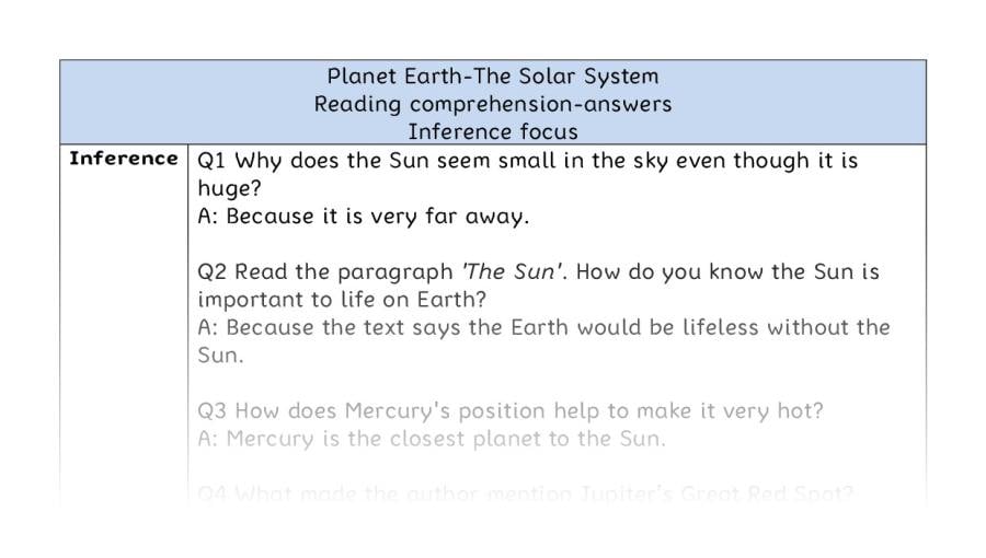 Reading comprehension - inference - The Solar System - answers