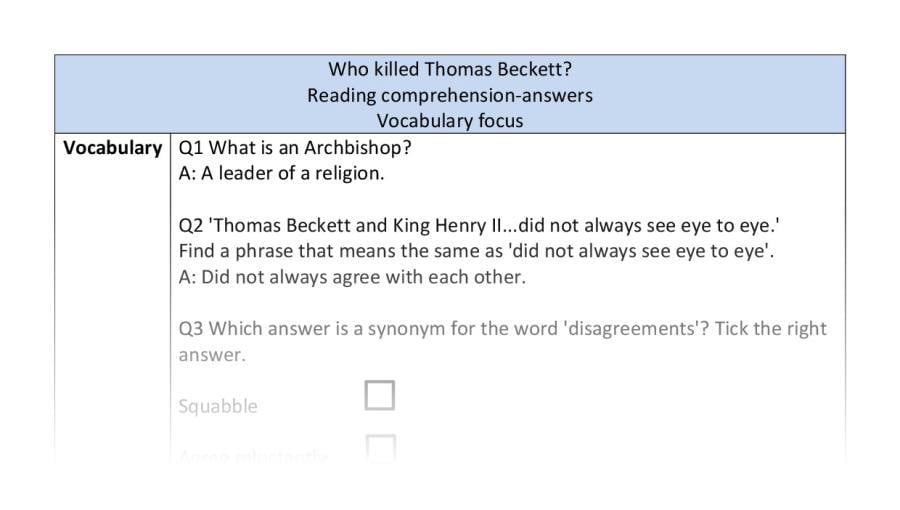 Reading comprehension-vocabulary-Who killed Thomas Beckett - answers