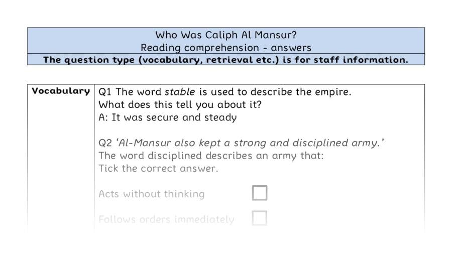 Reading comprehension - VRSIPE - Who Was Caliph Al Mansur - answers