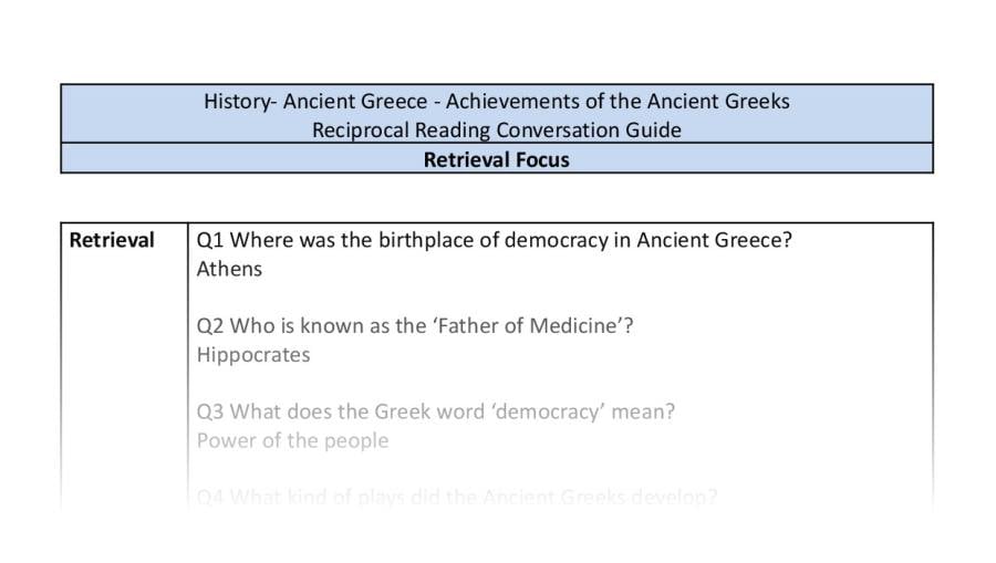 Reciprocal Reading Conversation - Achievements of the Ancient Greeks - Retrieval Focus
