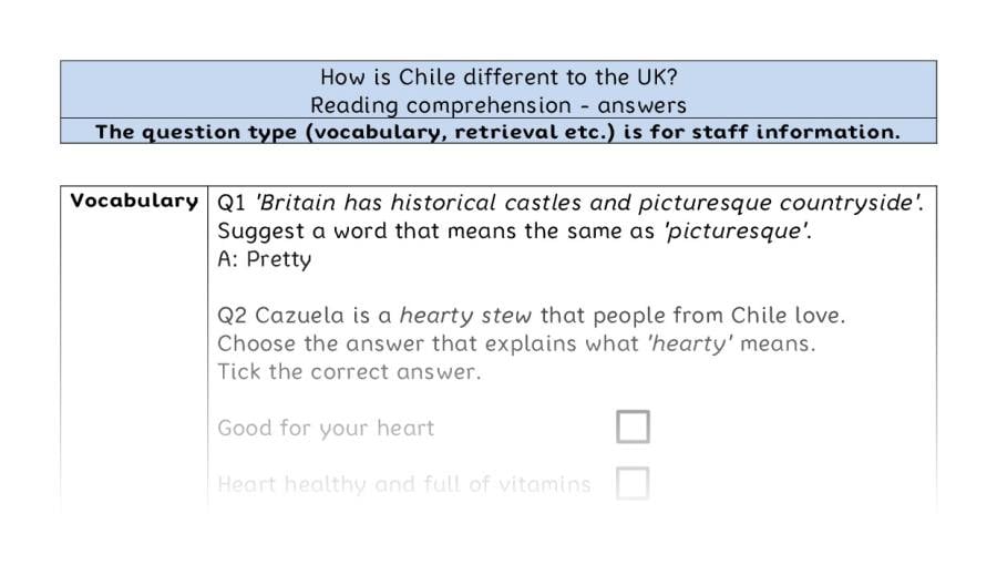 Reading comprehension VRSIPE - How is Chile different to the UK - answers