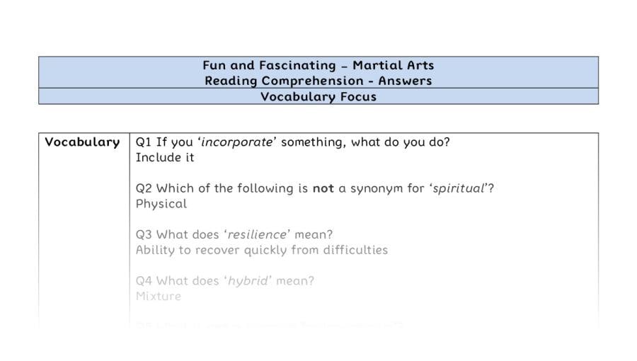 Reading Comprehension - Martial Arts - UKS2 - Vocabulary Focus