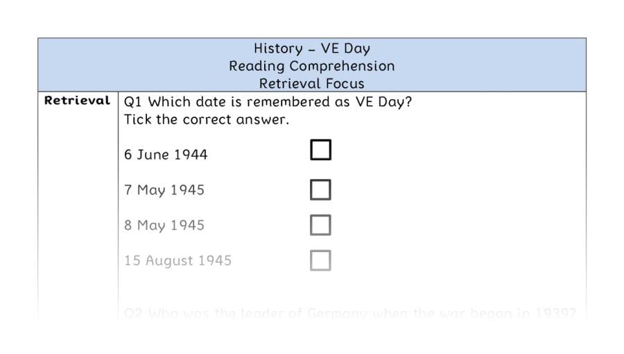 VE Day - Reading Comprehension - Retrieval Focus