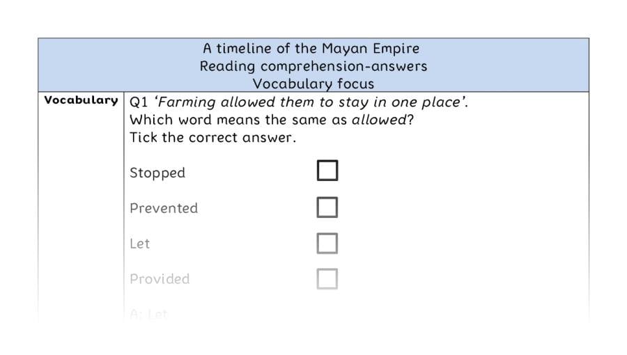 Reading comprehension - vocabulary - A timeline of the Mayan Empire - answers