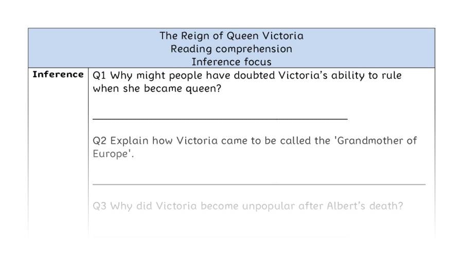 Reading comprehension - inference - The Reign of Queen Victoria