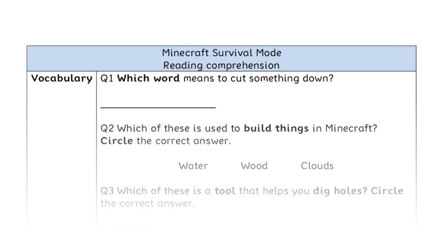 Reading comprehension-Minecraft Survival Mode-vocabulary