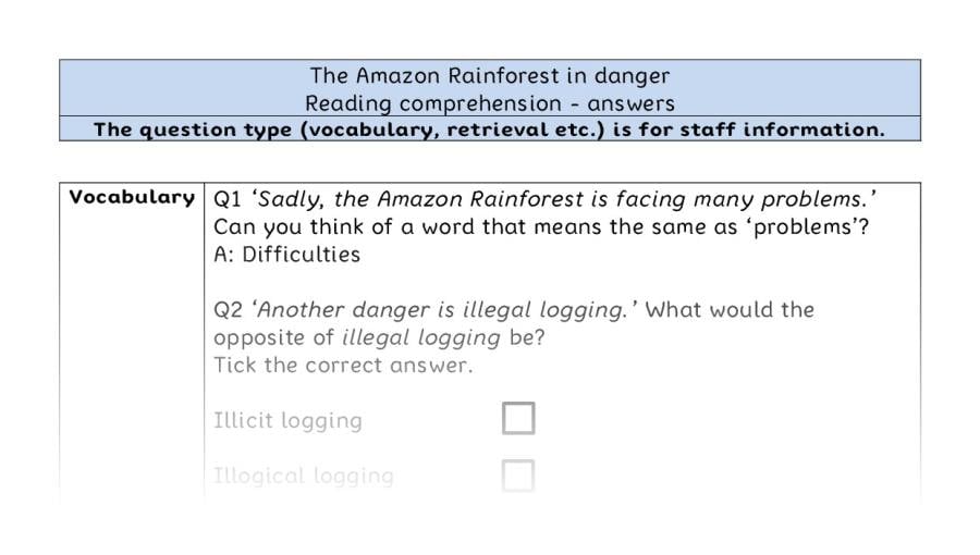 Reading comprehension VRSIPE - The Amazon Rainforest in danger - answers