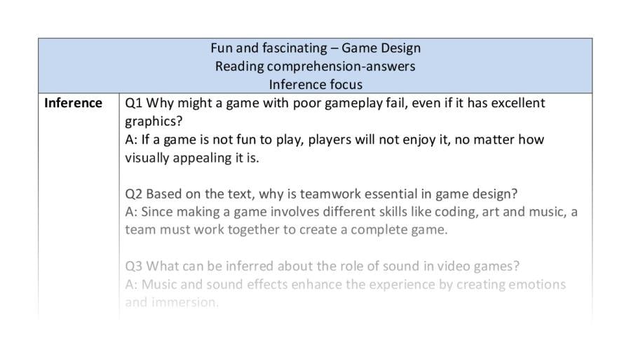 Reading comprehension - inference - Game design