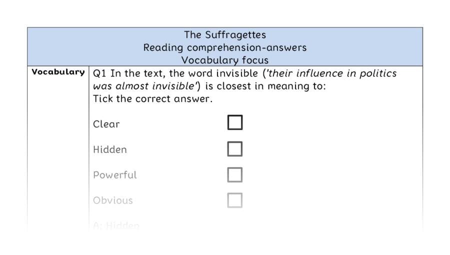Reading comprehension - vocabulary - The Suffragettes - answers