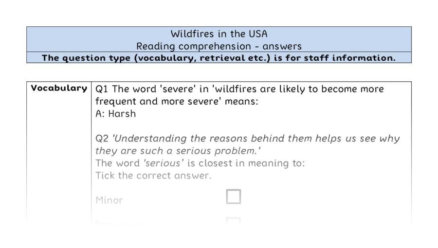 Reading comprehension - VRSIPE - Wildfires in the USA - answers