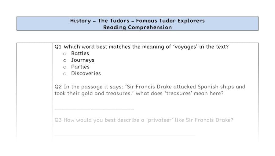 Reading comprehension - famous Tudor explorers - vocabulary