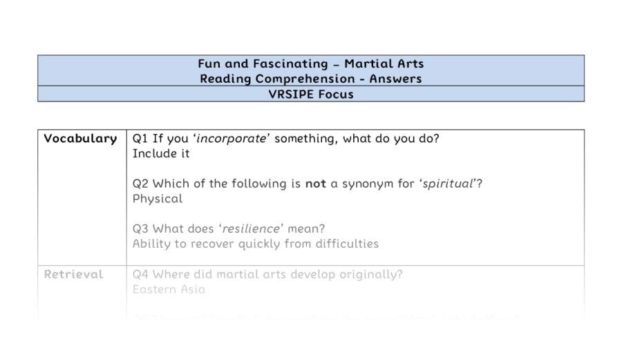 Reading Comprehension - Martial Arts - UKS2 - VRSIPE Focus