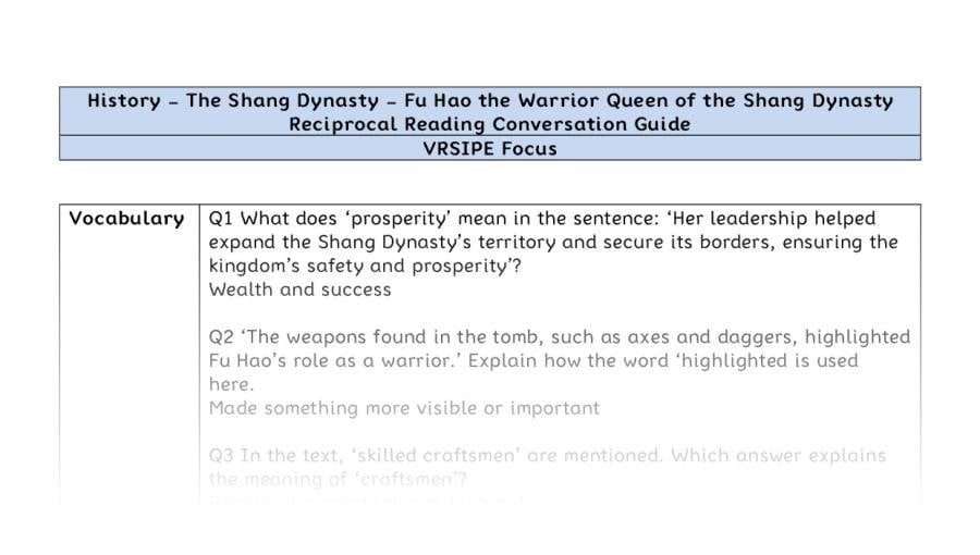 Reciprocal Reading Conversation - Fu Hao the Warrior Queen of the Shang Dynasty - VRSIPE Focus