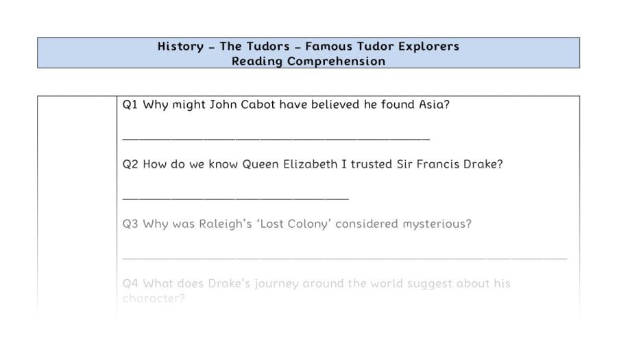 Reading comprehension - famous Tudor explorers - inference