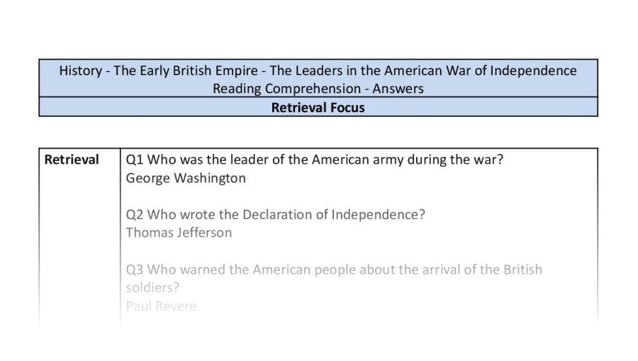 Reading Comprehension - The Leaders in the American War of Independence - Retrieval-answers