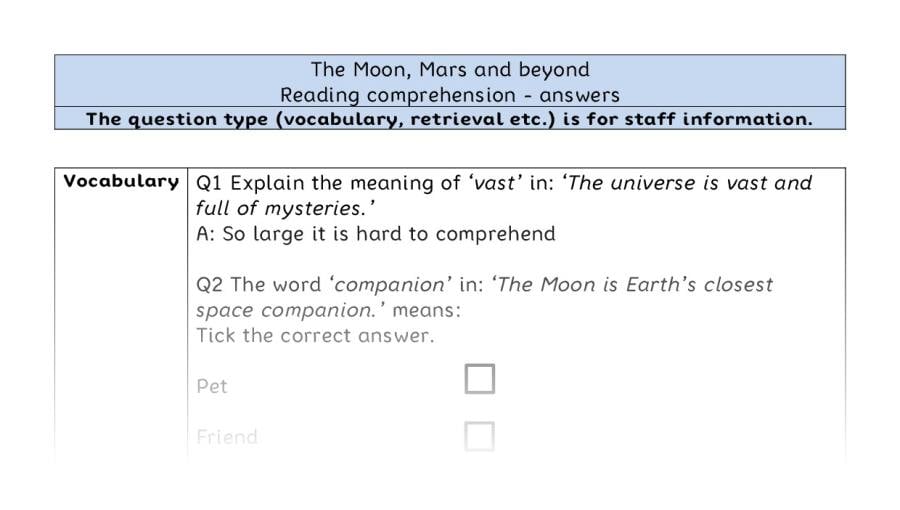 Reading comprehension - VRSIPE - The Moon, Mars and beyond - answers