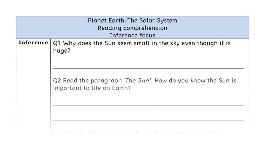 Reading comprehension - inference - The Solar System