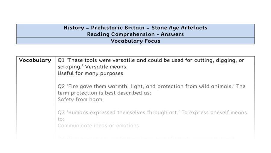 Reading Comprehension - Stone Age Artefacts - Vocabulary Focus