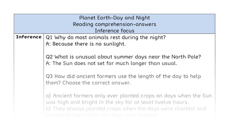 Reading comprehension - inference - Planet Earth-Day and Night - answers