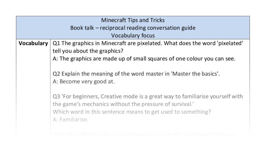 Reciprocal reading - vocabulary - Minecraft Tips and Tricks