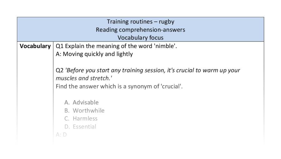 Reading comprehension - vocabulary - Training routines - rugby - answers