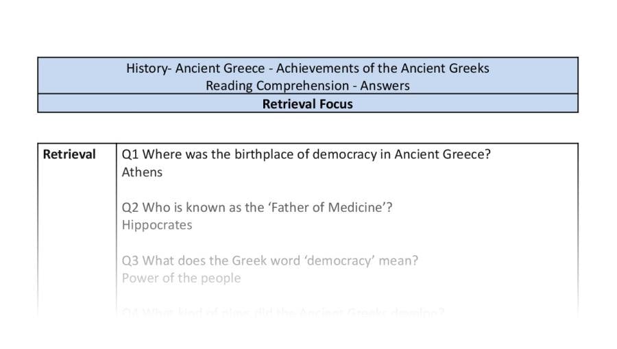 Reading Comprehension - Achievements of the Ancient Greeks - Retrieval Focus