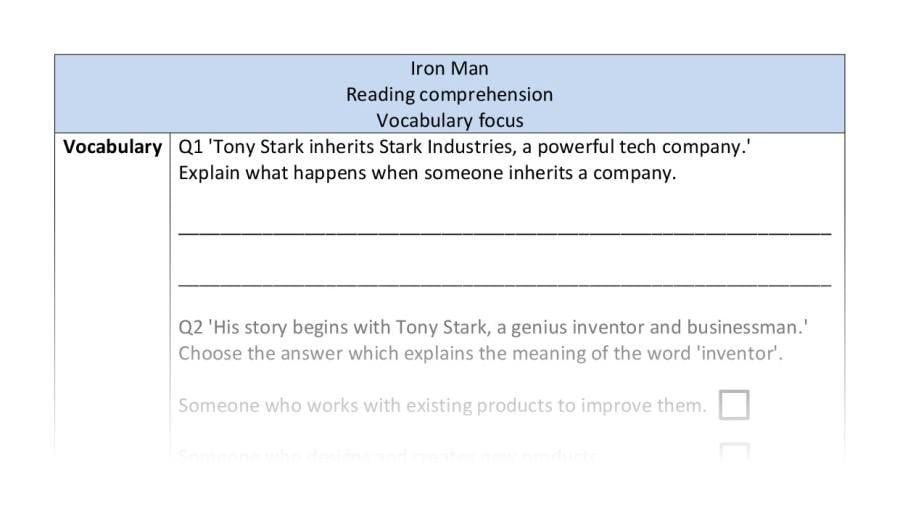 Reading comprehension - vocabulary - Iron Man