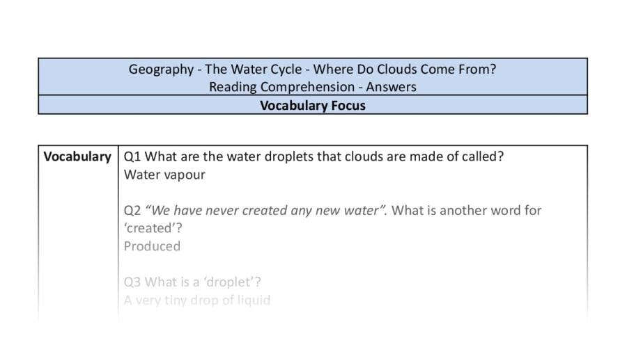 Reading comprehension-vocabulary - Where Do Clouds Come From-answers