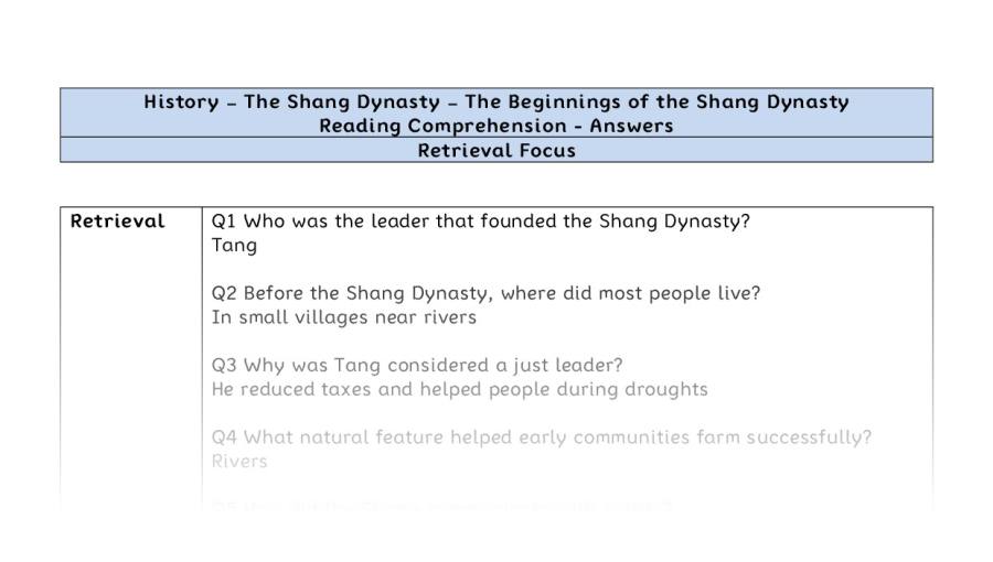 Reading Comprehension - The Beginnings of the Shang Dynasty - Retrieval Focus