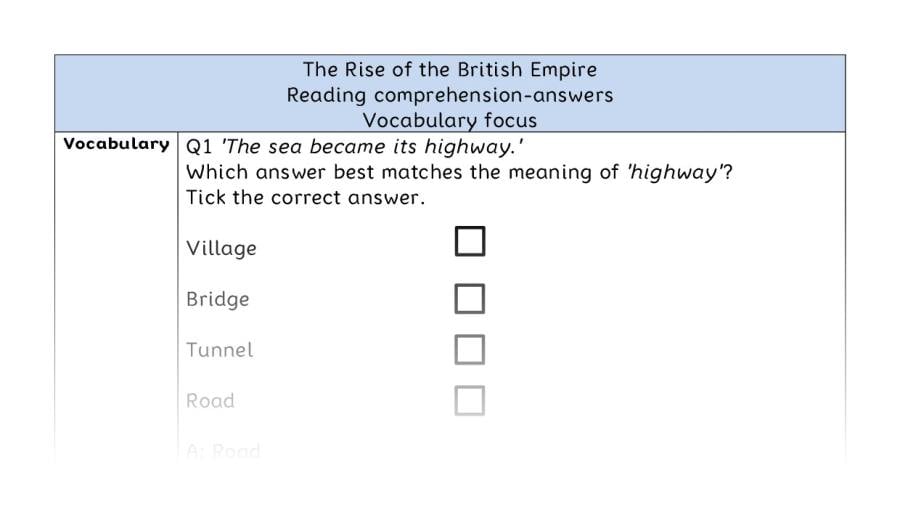 Reading comprehension - vocabulary - The Rise of the British Empire - answers