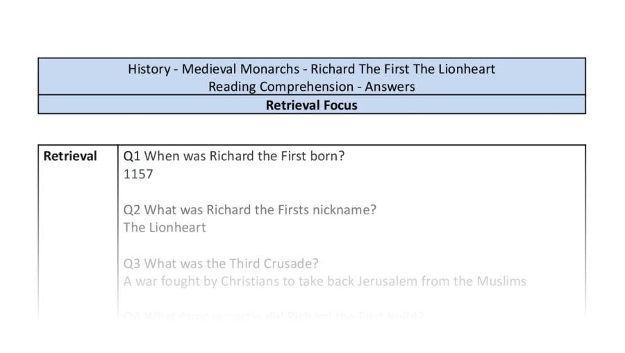 Reading Comprehension - Richard The First The Lionheart - Retrieval Focus