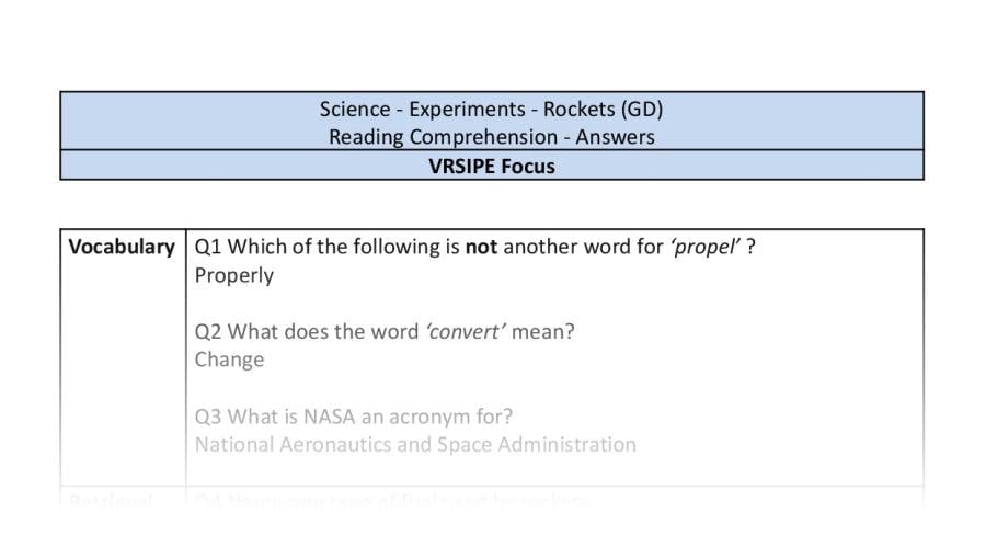 Reading Comprehension - Rockets - UKS2 - VRSIPE Focus