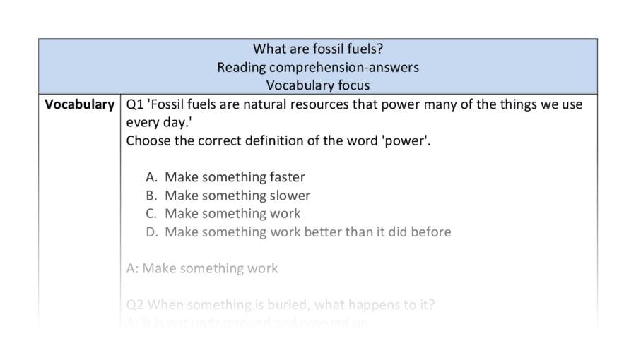 Reading comprehension - vocabulary - What are fossil fuels - answers