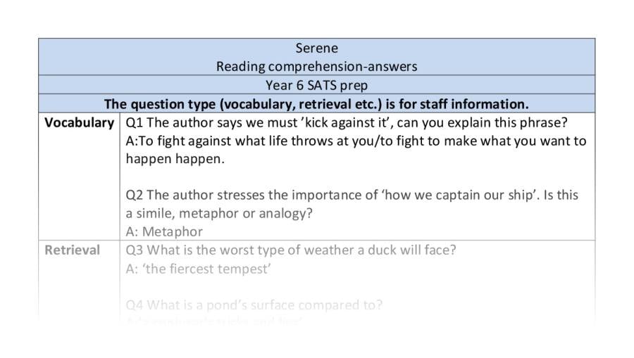 Reading comprehension - VRSIPE - Serene