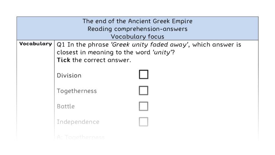 Reading comprehension - vocabulary - The end of the Ancient Greek Empire - answers