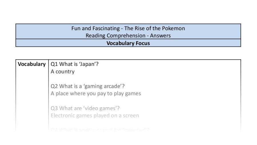 Reading Comprehension - The Rise of the Pokemon - Highlight Series 1 - Vocabulary Focus-answers