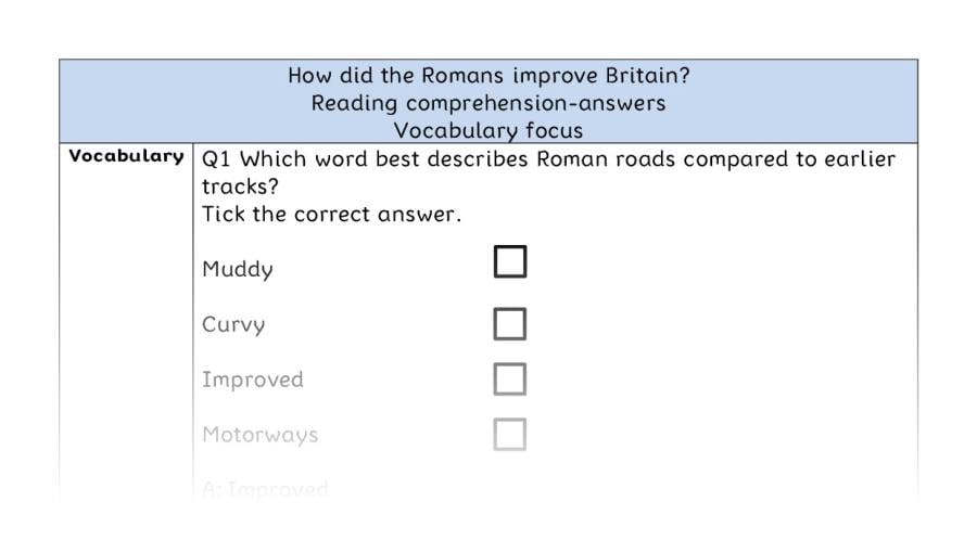 Reading comprehension - vocabulary - How did the Romans improve Britain - answers