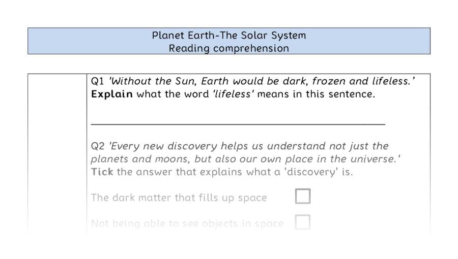 Reading comprehension VRSIPE - The Solar System